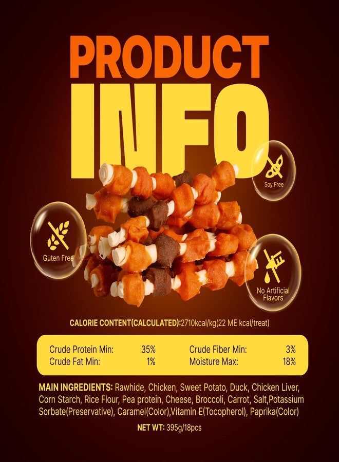 أم-بيتس مكافآت الكلاب من إم-بيتس، 5 نكهات، وجبات خفيفة على شكل كباب، مضغ طويل الأمد، مصنوعة من لحم الدجاج والبط المجفف الحقيقي، 18 قطعة من أعواد الجلد الخام - Image 3